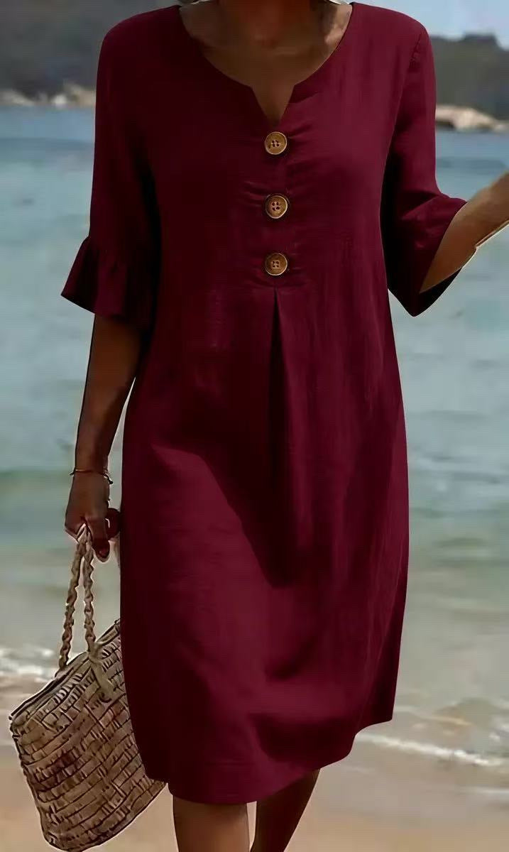 Ladia | Kleid mit V-Ausschnitt, großen Knöpfen und Volant