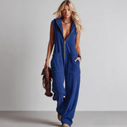 Vintage Jumpsuit mit Kapuze und V-Ausschnitt