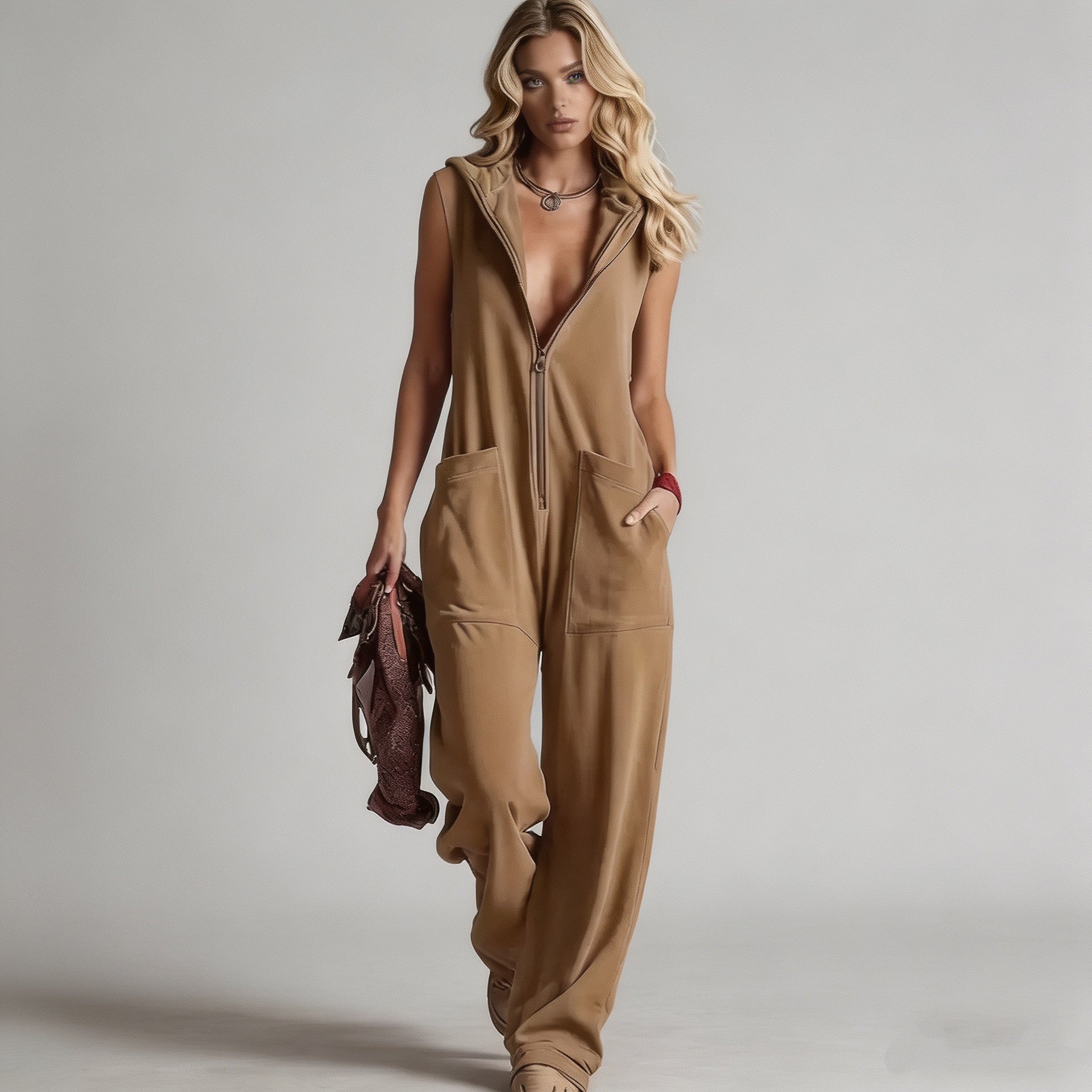 Vintage Jumpsuit mit Kapuze und V-Ausschnitt