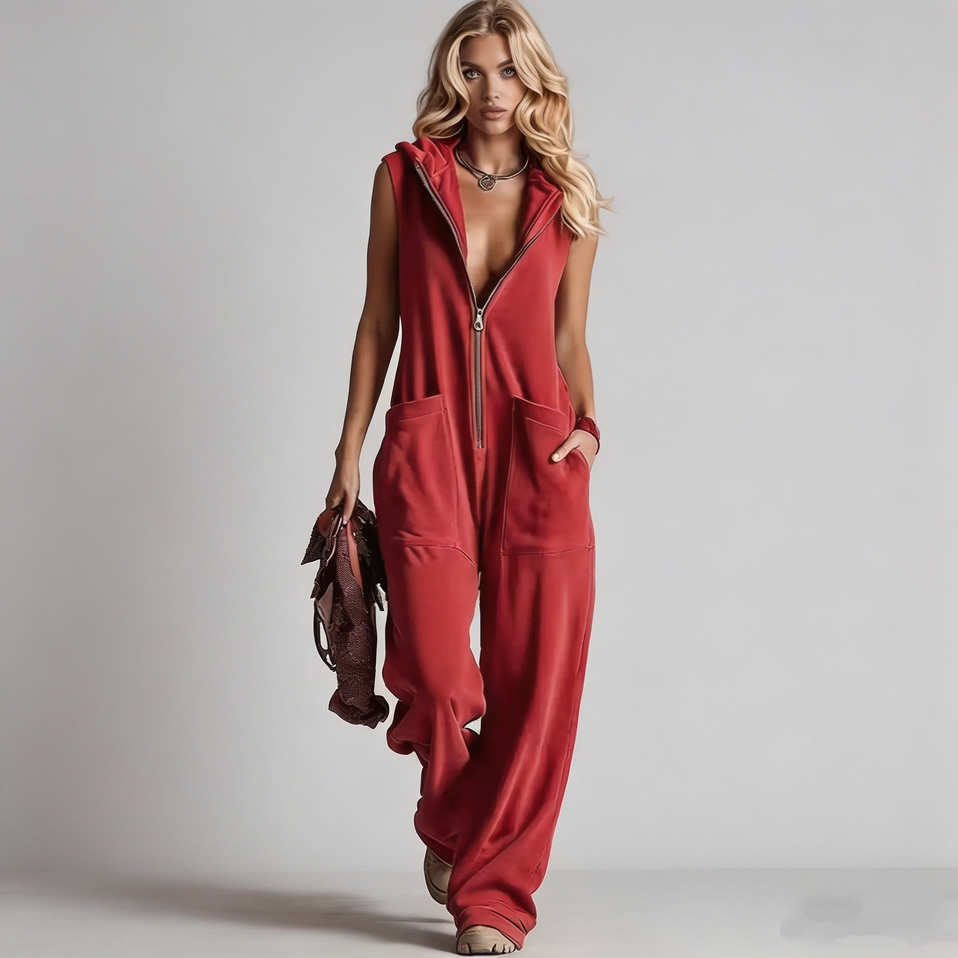 Vintage Jumpsuit mit Kapuze und V-Ausschnitt