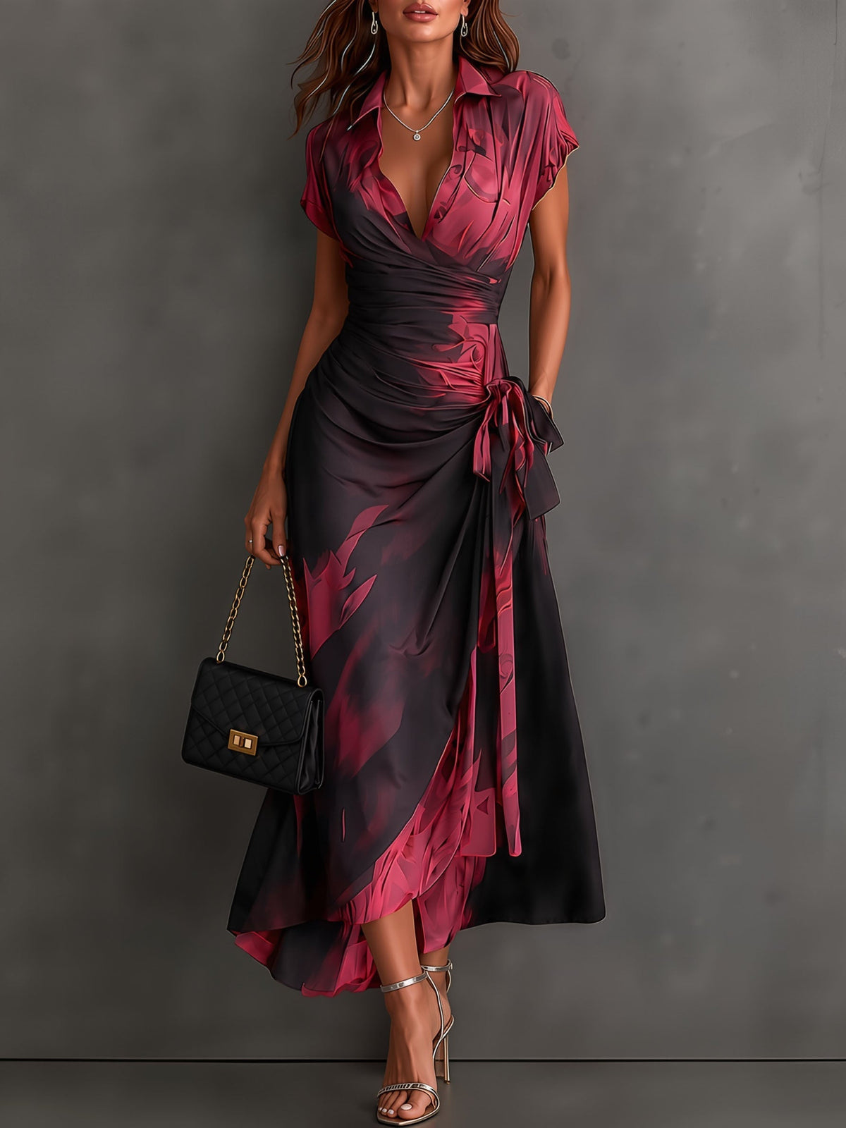 Vestido midi estampado estilo transpassado com decote em V