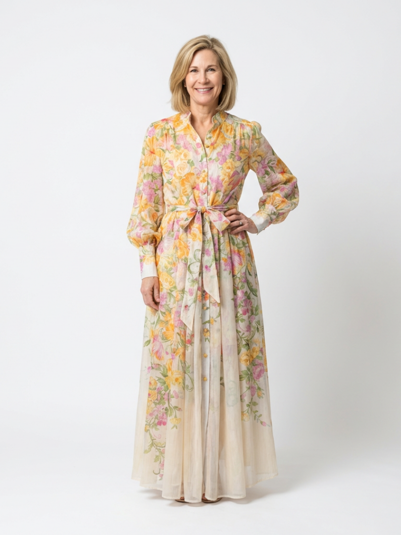 Cressida | Floral Transparentes Langarm-Maxikleid