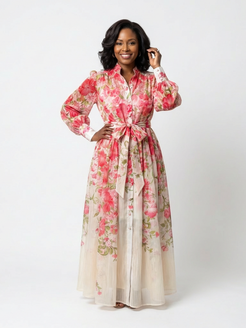 Cressida | Floral Transparentes Langarm-Maxikleid