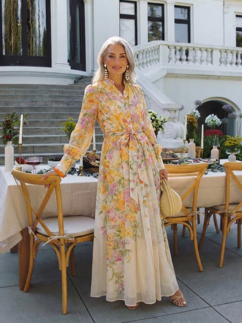 Cressida | Floral Transparentes Langarm-Maxikleid